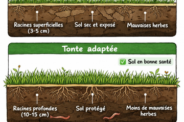 Illustration sur la hauteur de tonte du gazon montrant les effets d'une tonte trop courte ou adaptée sur le sol et les racines