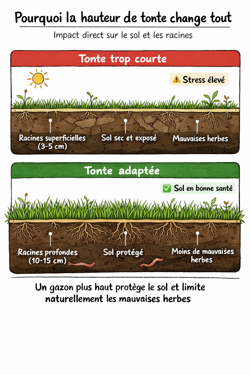 Illustration montrant l’impact d’une tonte trop courte ou adaptée sur les racines et le sol du gazon